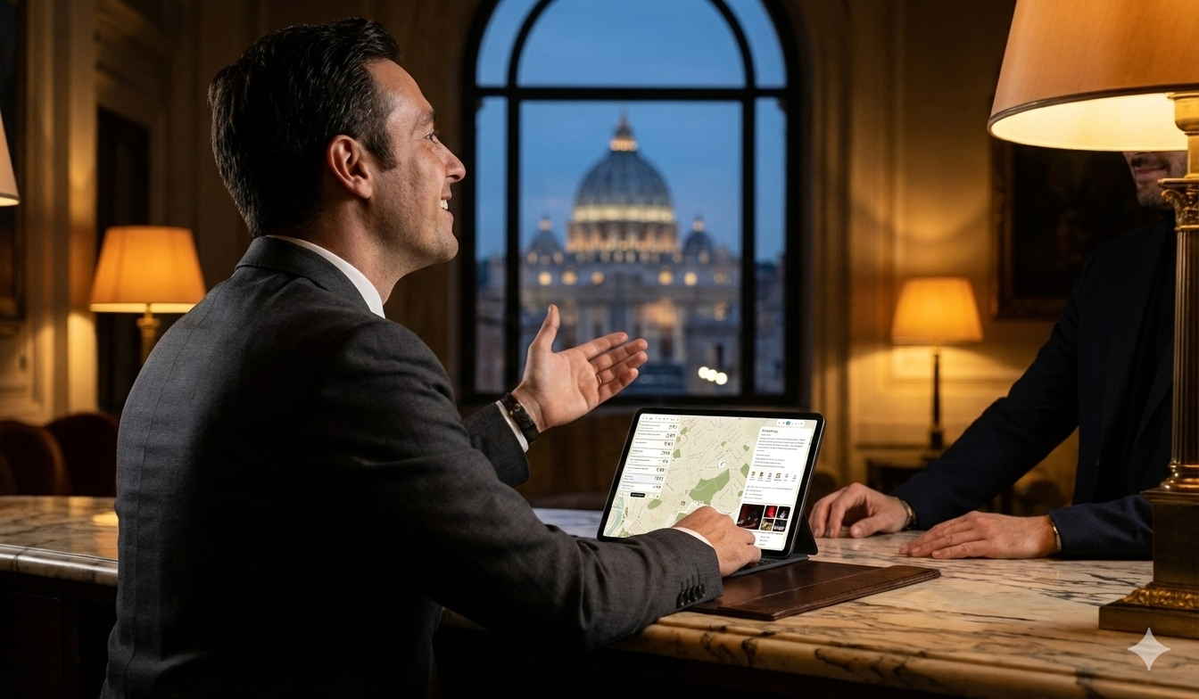 A sophisticated interactive map interface of Rome detailing 'Drink Kong' cocktail bar, showing curated tags like 'Award Winning' and 'Locally Famous' alongside atmospheric photos, representing the Vibeslist City Intelligence tool.